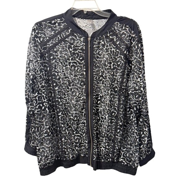 Avenue Black & White Leopard Print Zip-Up Bomber Jacket Size 22/24 Sheer Jacket - Picture 1 of 12